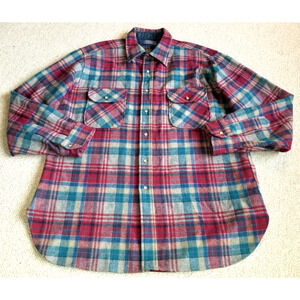 VINTAGE 80s Mens Shirt-PENDLETON-teal/maroon/grey plaid 100% wool button-down-XL